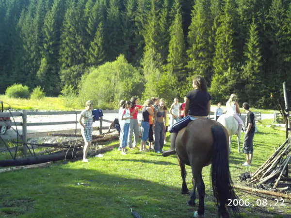 Camper on horseback beside a paddock, with a group watching in the sunshine