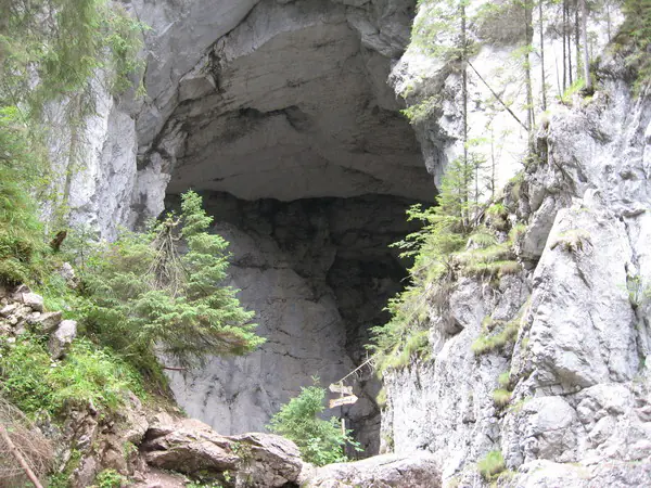Huge arched entrance of the Cetățile Ponorului cave between limestone cliffs
